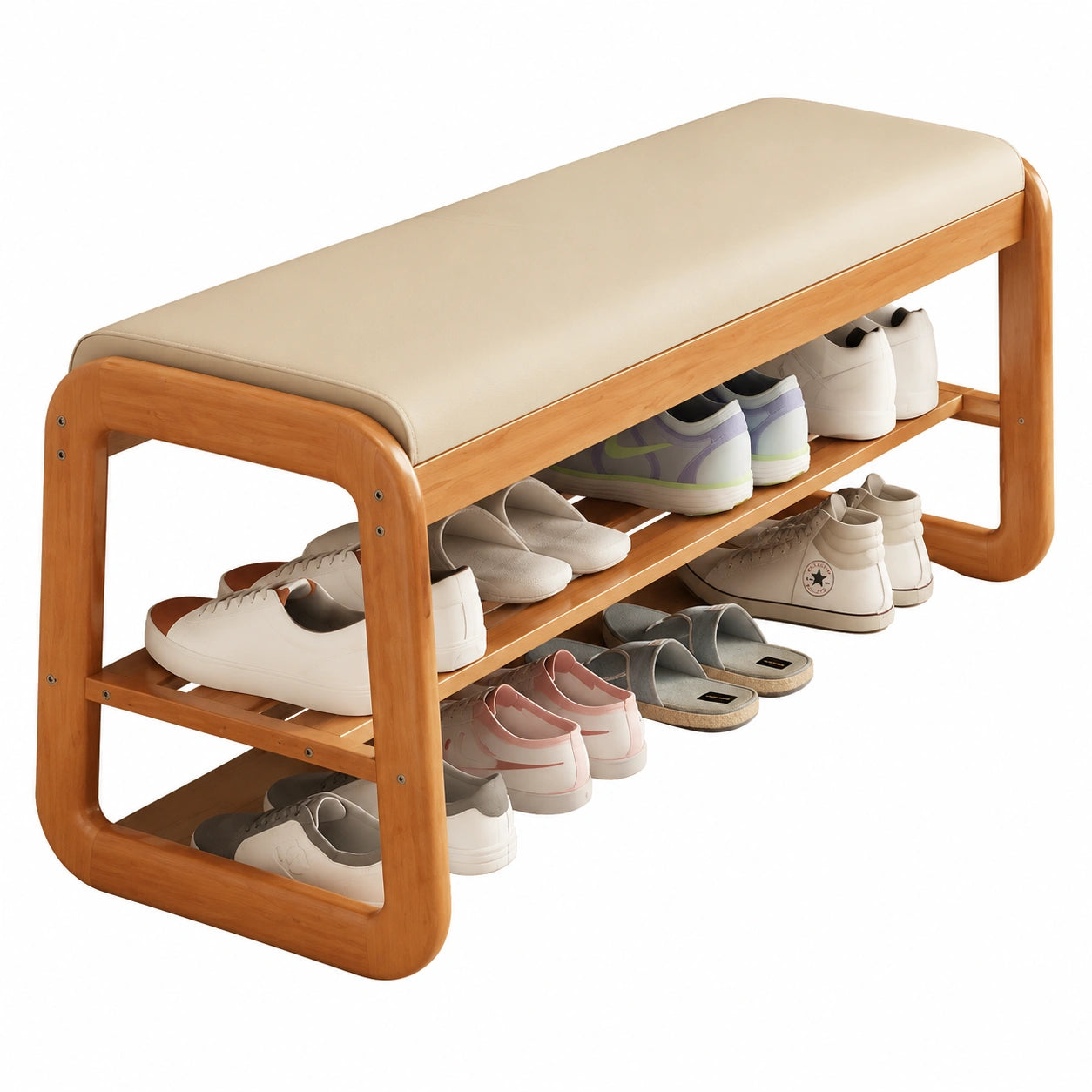 Bambus Schuhbank mit Sitzpolster und Stauraum, Holz Schuhregal für Flur, Garderobenbank 50/80/100CM