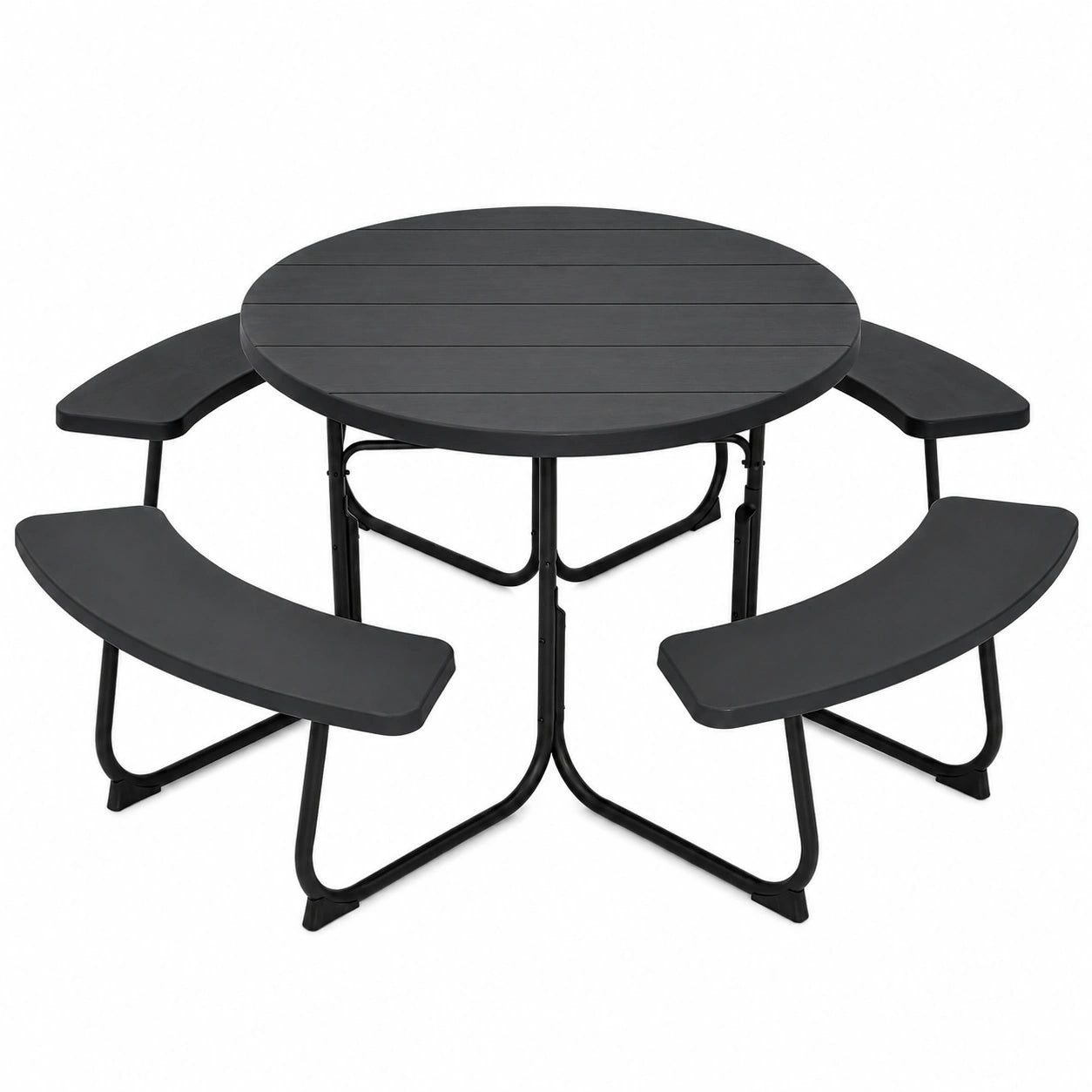 COSTWAY Gartensitzgruppe für 8 Personen, Runder Picknicktisch mit Schirmloch und Bänken, Robuste HDPE Tischplatte mit Metallgestell, Ideal für Garten und Terrasse