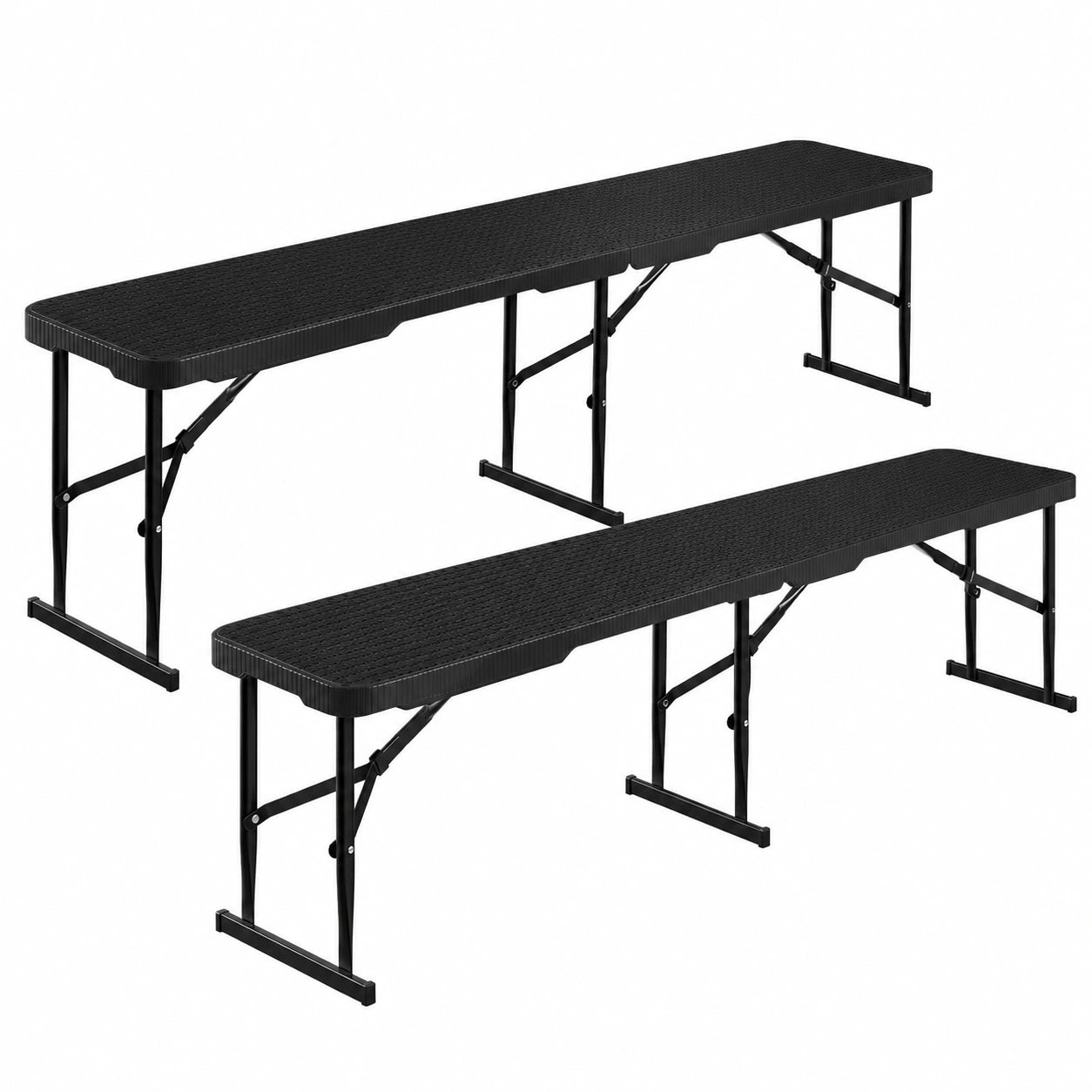 STEELSON Klappbare Gartenbank 2er-Set – Wetterfeste Rattan-Optik – Schwarz – Ideal für Garten, Terrasse und Balkon – Party- und Campingbank für 8 Personen – Mit Tragegriff