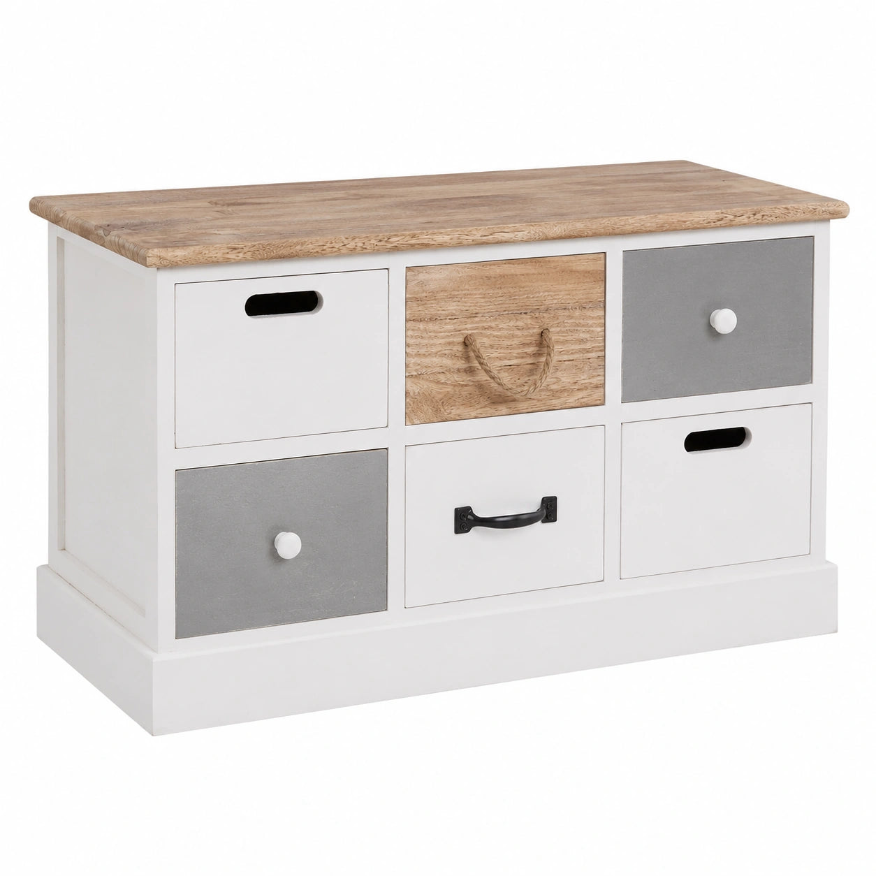 CARO-Möbel Sitzbank Salva mit 6 Schubladen, vielseitige Flurbank, Schuhaufbewahrung, weiße Vintage-Sitztruhe im Shabby-Chic-Stil