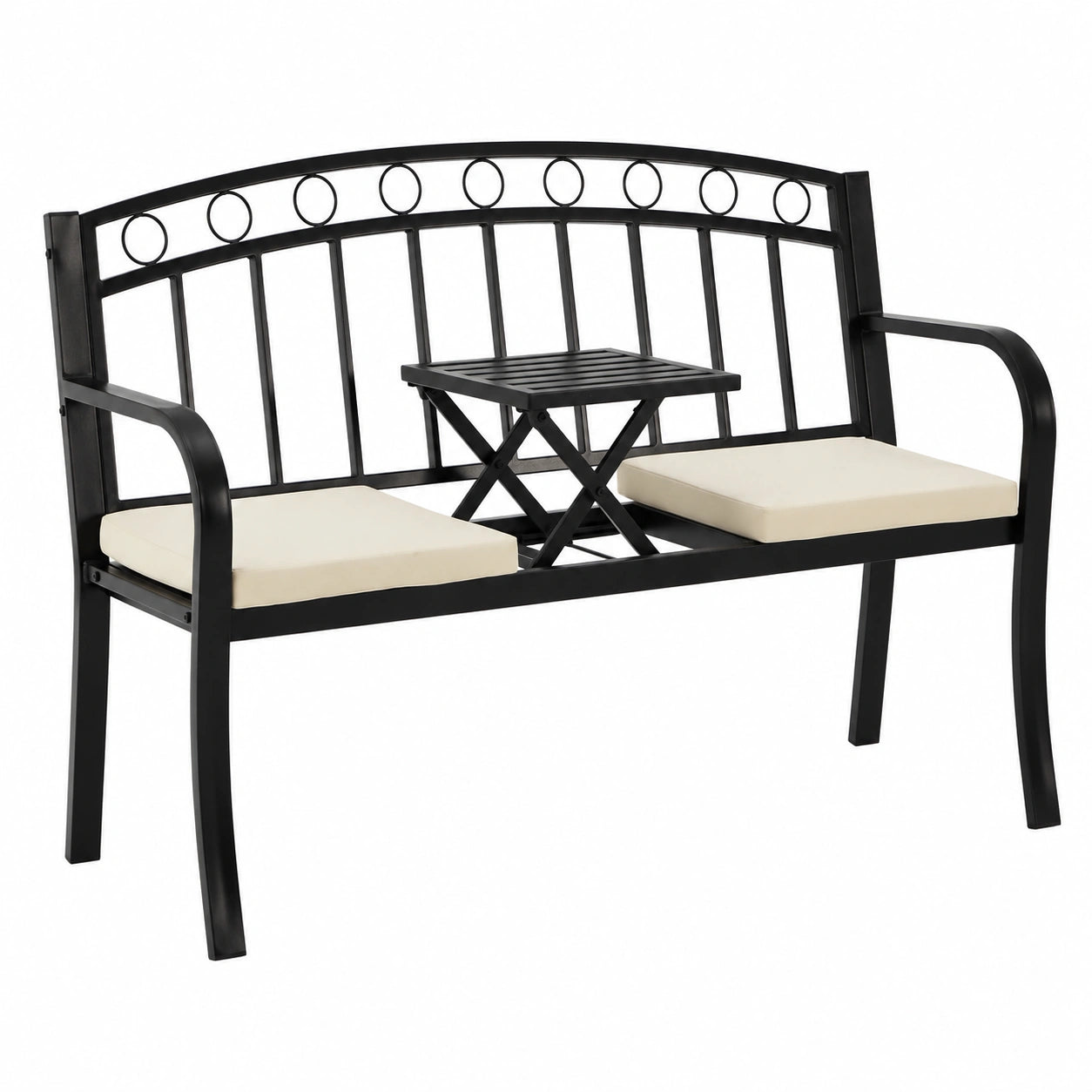 AVAWING Metall Gartenbank mit Klapptisch und Kissen, 2-in-1 Sitzbank für Balkon und Park in Schwarz