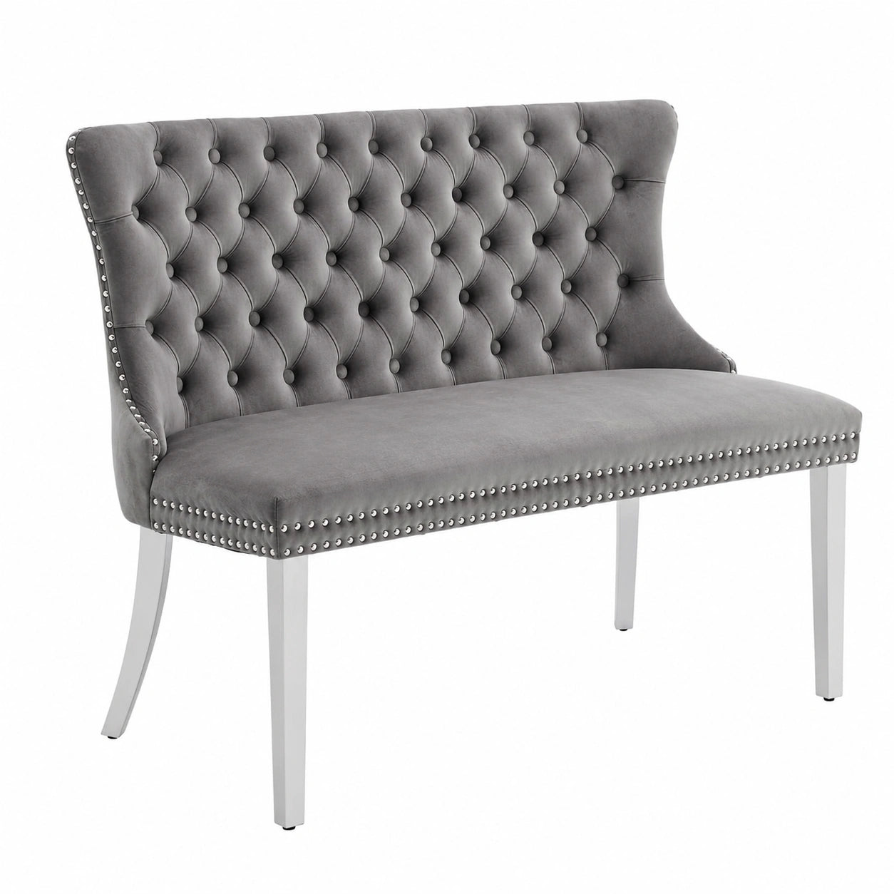 Shenyon Chesterfield Esszimmerbank mit Rückenlehne, graue Polsterung und silberne Edelstahlbeine