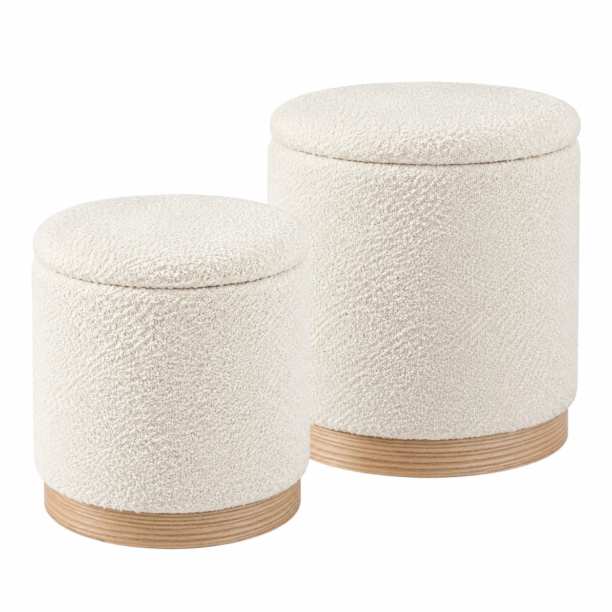 tectake® 2er Set Stauraumhocker aus Bouclé Stoff, Runder Sitzhocker im skandinavischen Stil für Schlafzimmer und Wohnzimmer