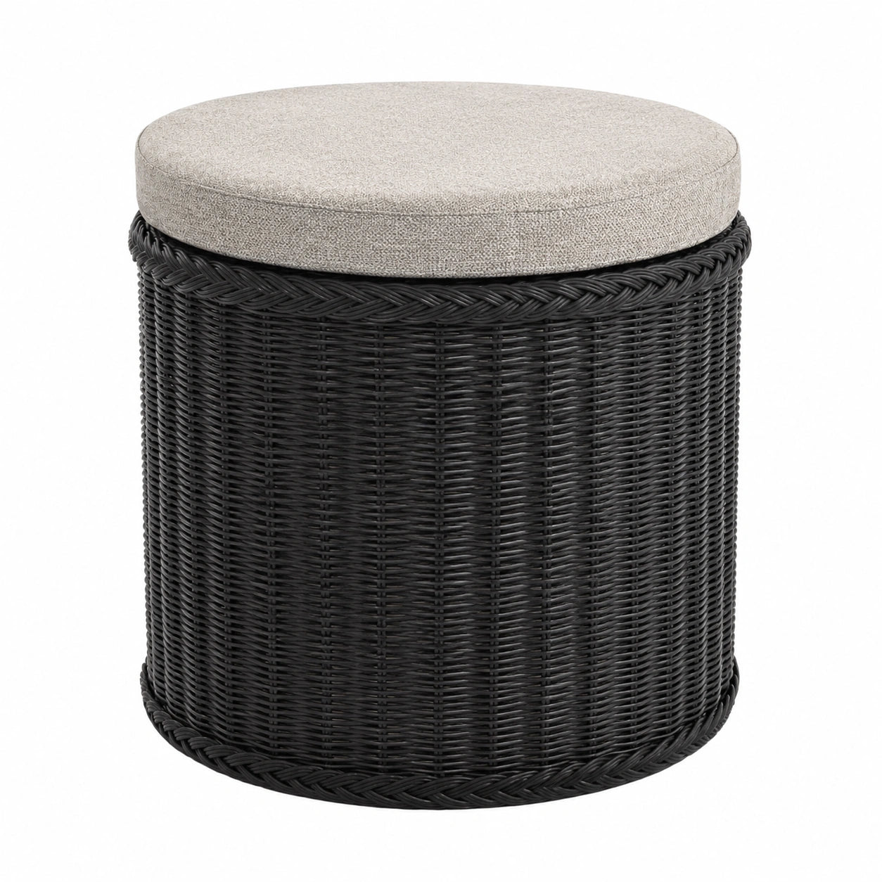 Rattan Wäschekorb mit Polstersitz, Aufbewahrungstruhe für Flur und Bad, Natur, Schwarz, Rund