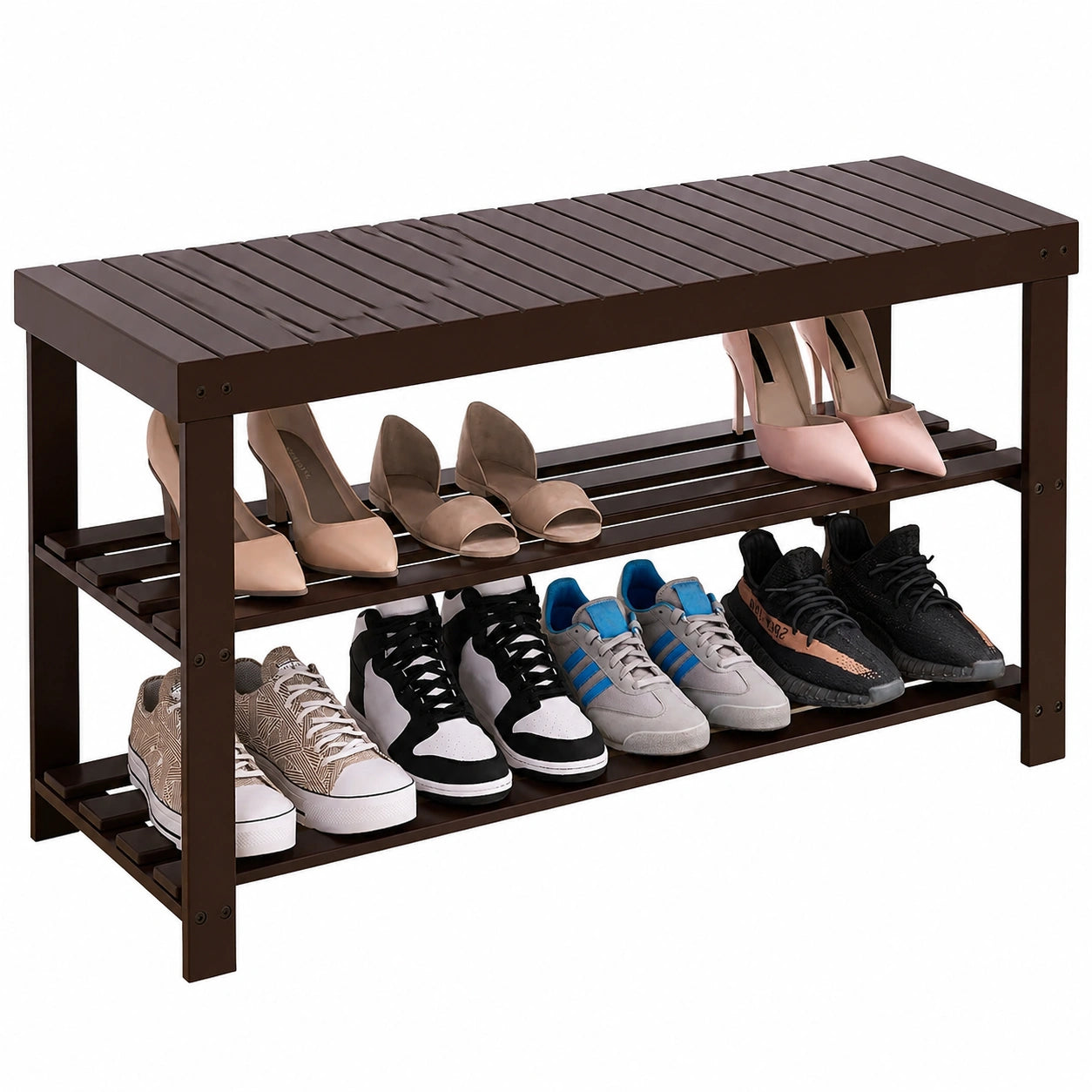 Bambus Schuhbank mit Sitz und 3 Ebenen – Dunkelbraun, ideal für Flur und Wohnzimmer